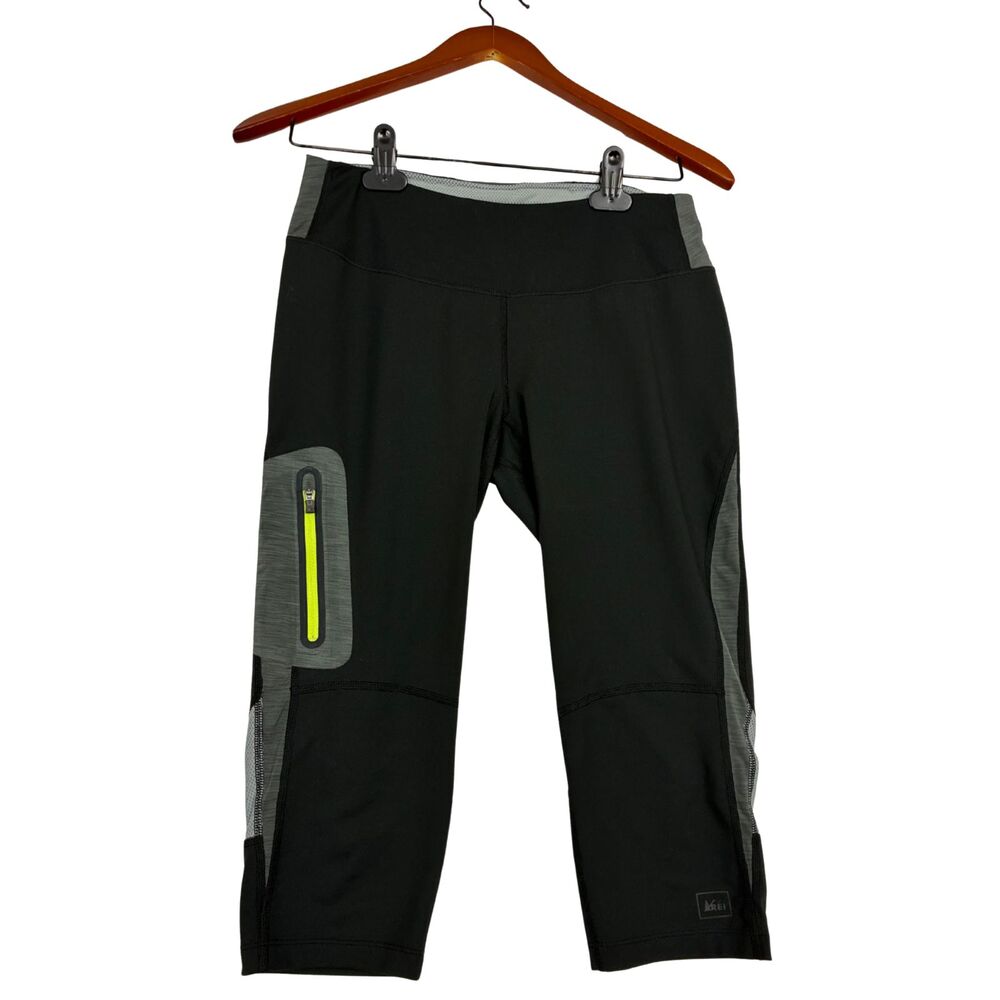 REI Womens S Running Capri Leggings Black Gray Zip Pocket Athletic Pants